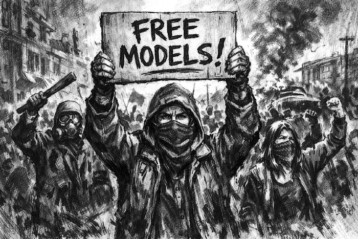 A drawing depicting a protest demanding the liberation of LLM models